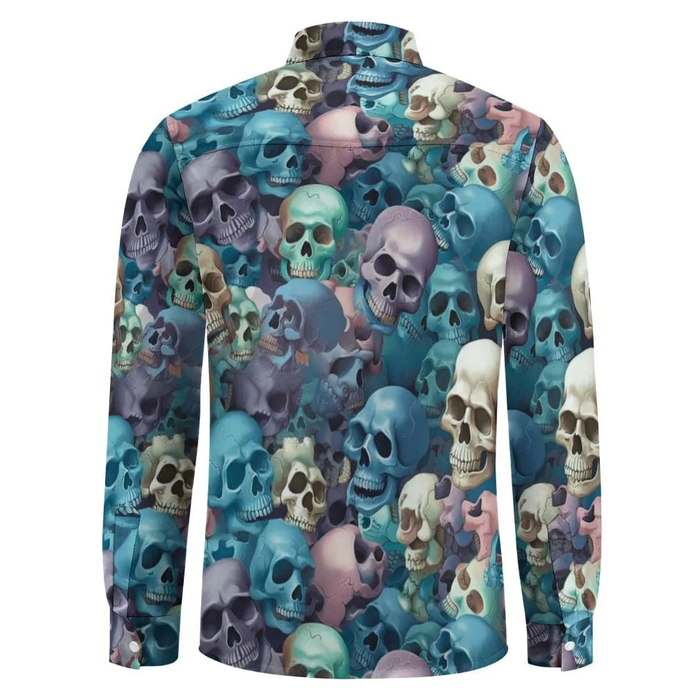 Blue Skulls Casual One Pocket Long Sleeve Dress Shirt