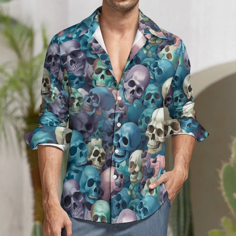 Blue Skulls Casual One Pocket Long Sleeve Dress Shirt