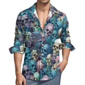 Blue Skulls Casual One Pocket Long Sleeve Dress Shirt