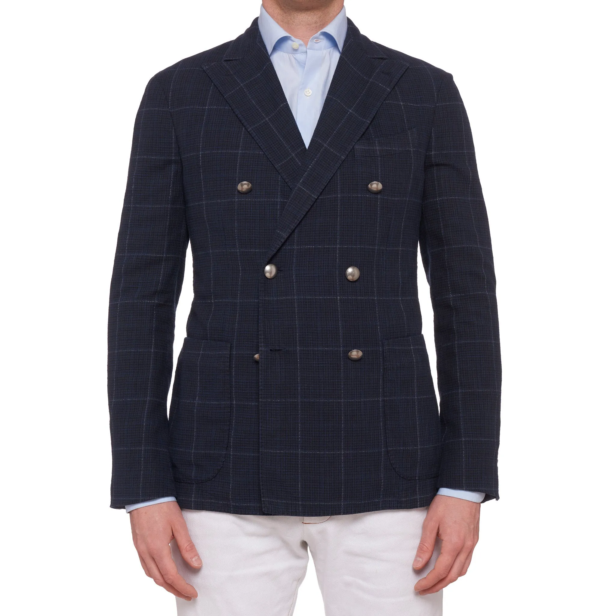 BOGLIOLI Milano "K. Jacket" Blue Plaid Cotton-Silk DB Jacket EU 48 NEW US 38