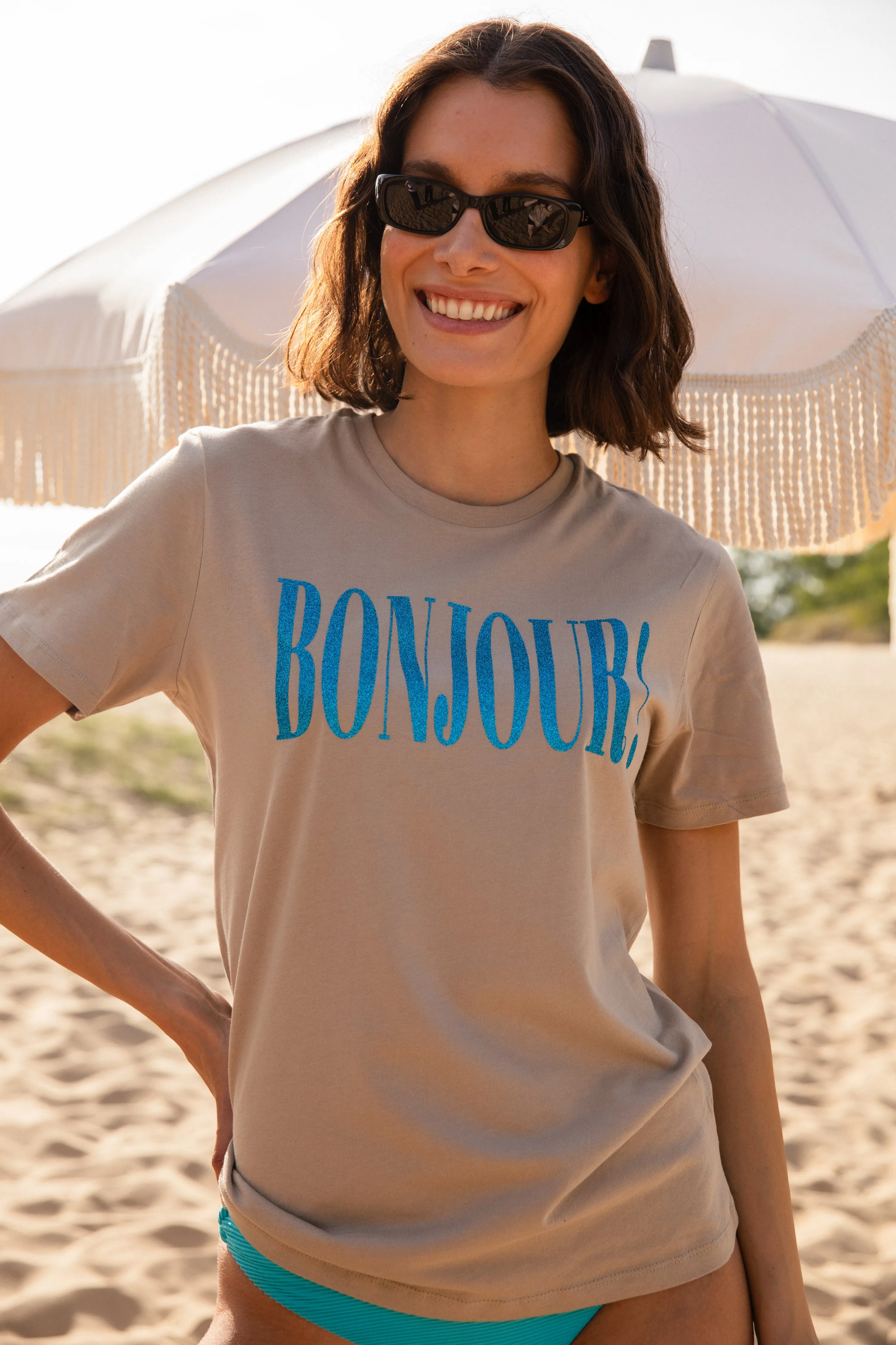 Bonjour! T-Shirt - Beige/ Blau Glitzer