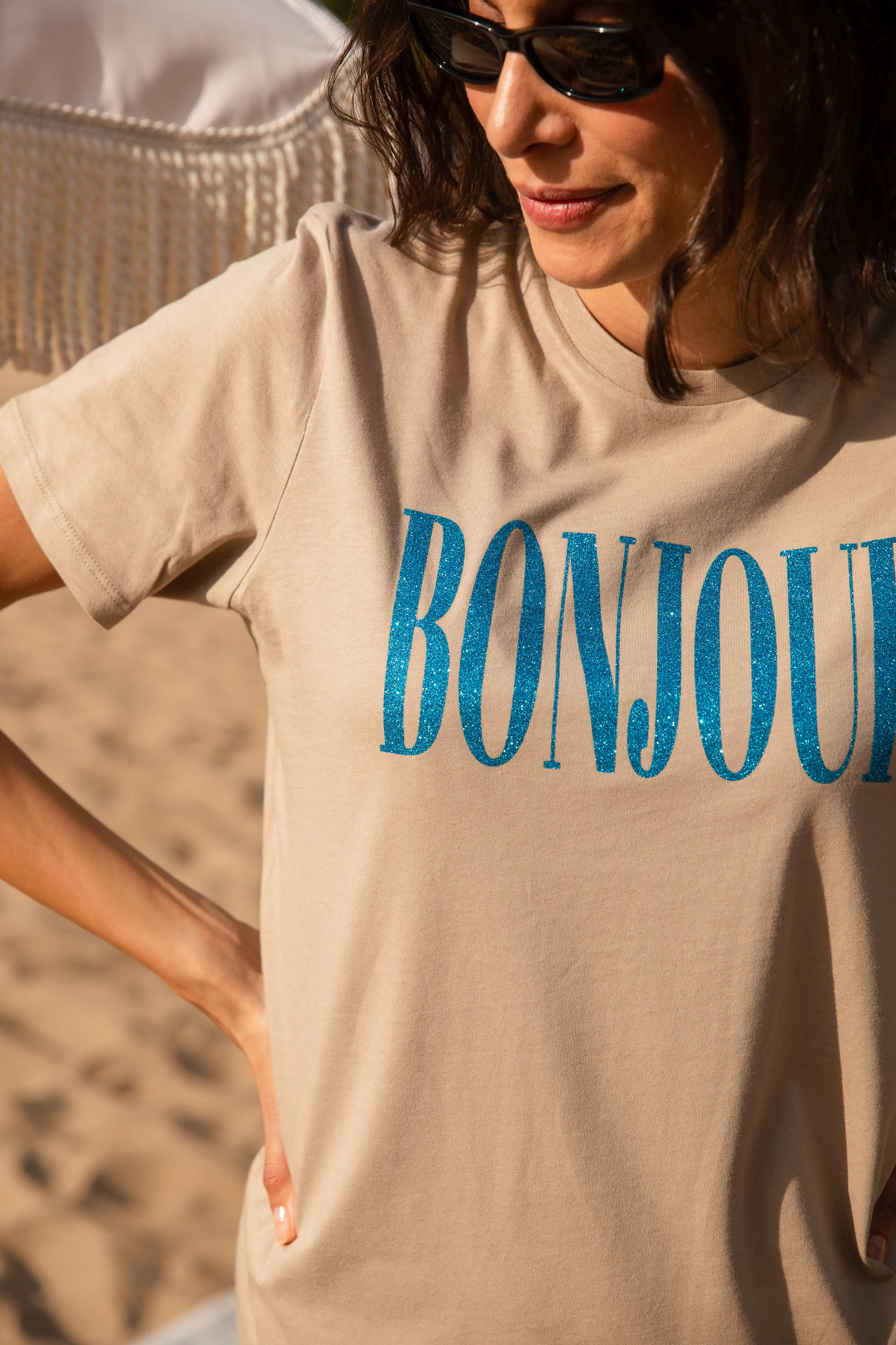 Bonjour! T-Shirt - Beige/ Blau Glitzer