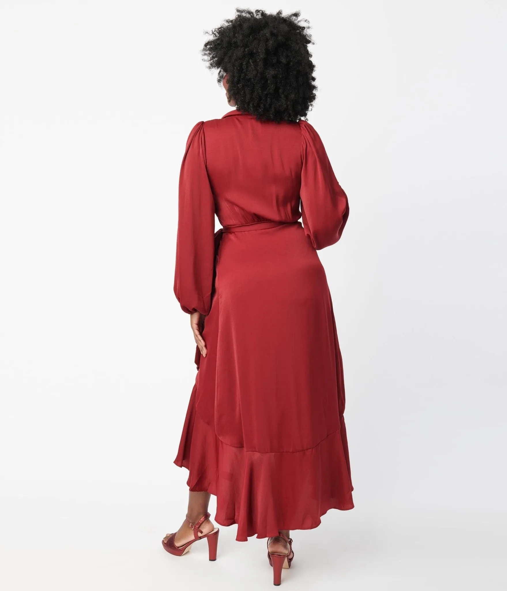 Burgundy Ruffle Midi Wrap Dress