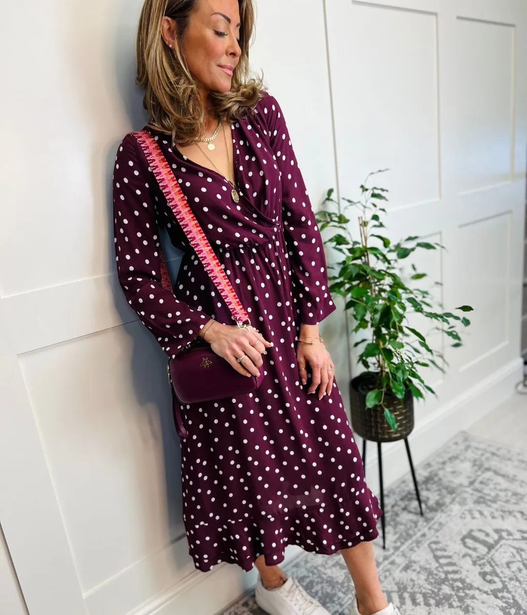 Burgundy Spotted Print Wrap Midi Dress