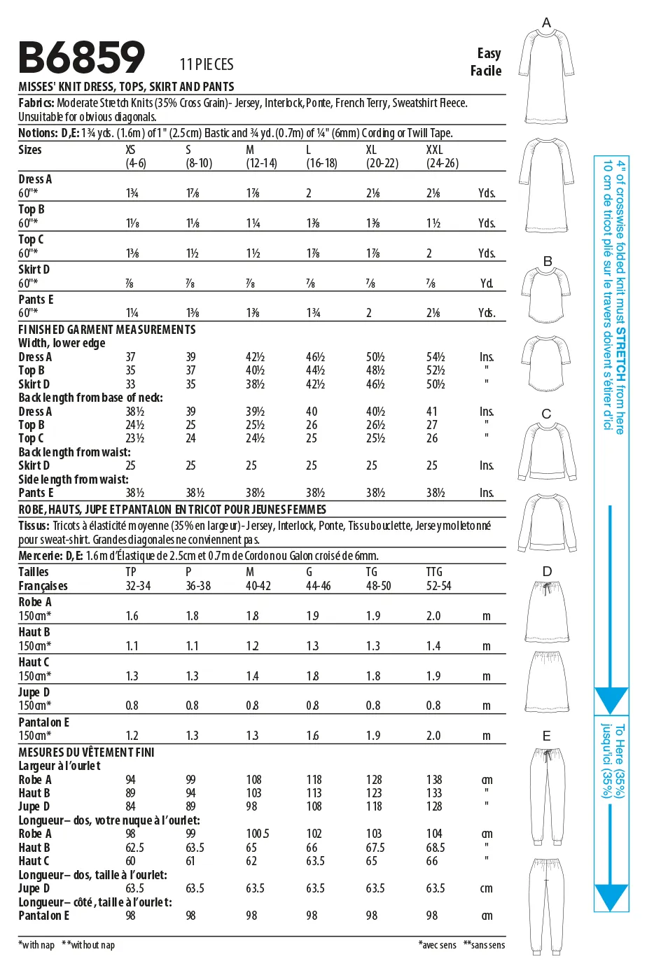 Butterick 6859 Misses' Knit Dress, Tops, Skirt and Pants Pattern