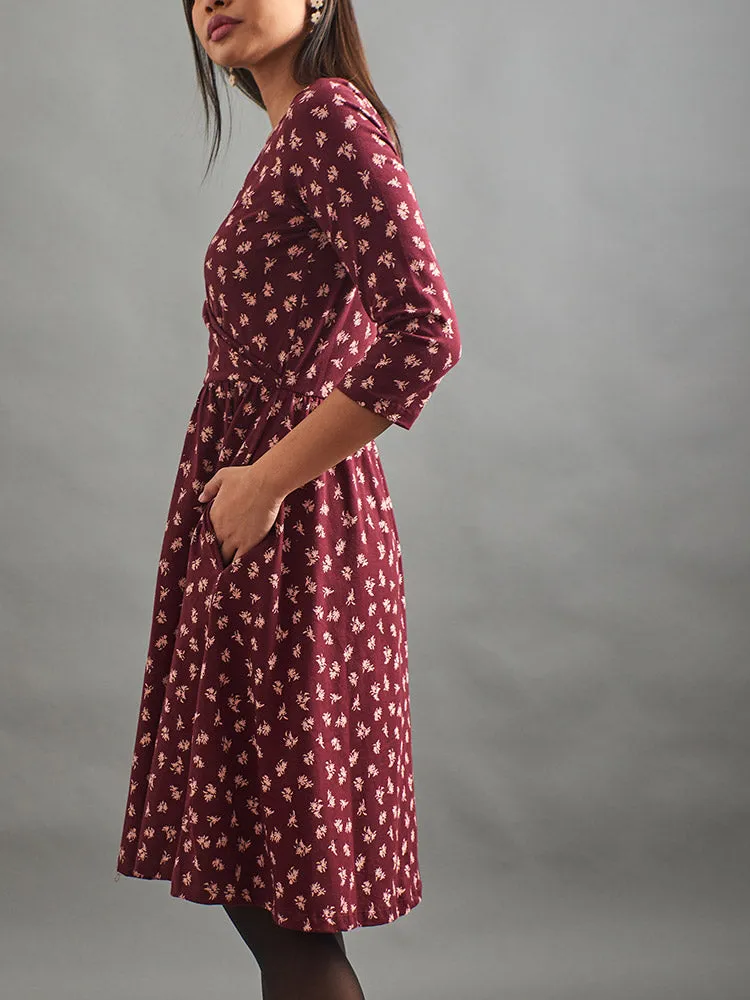 Callie Long Sleeve Wrap Dress - Burgundy Bouquet