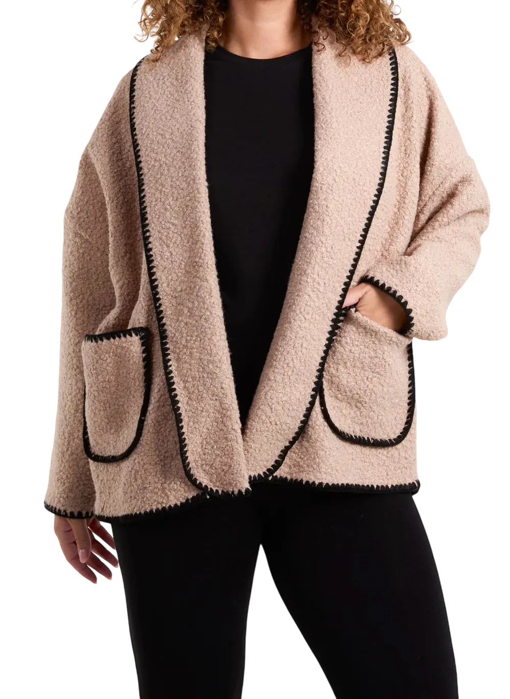 Camel Blanket Stitch Boucle Edge To Edge Style Jacket