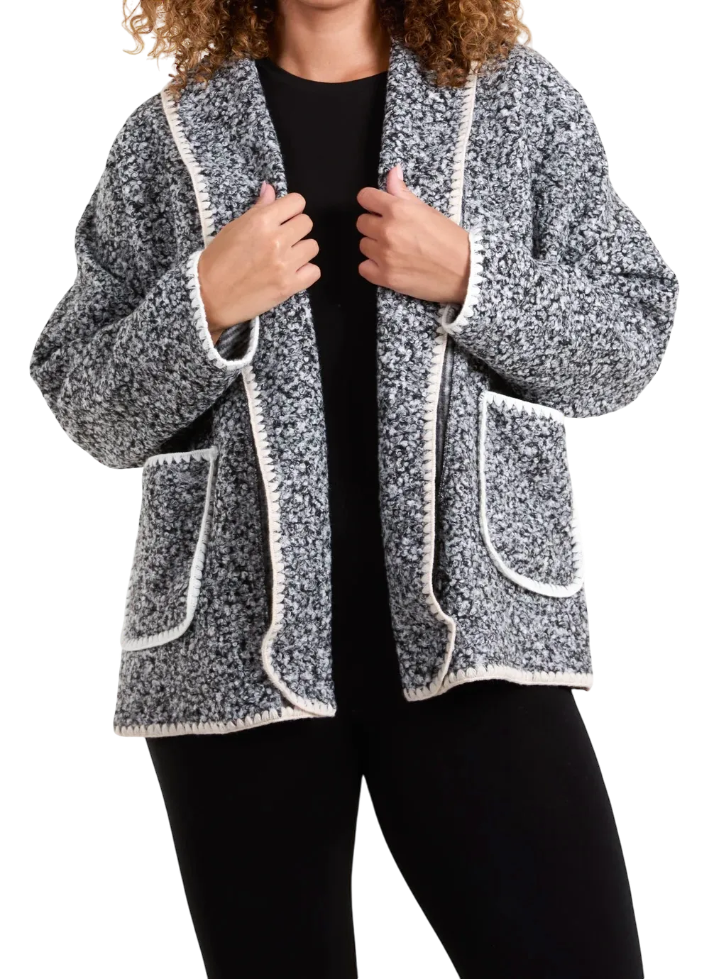 Camel Blanket Stitch Boucle Edge To Edge Style Jacket