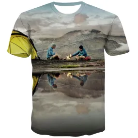 Camping T-shirt Men Sunset T shirts Funny Forest T-shirts Graphic Flame Tshirts Casual