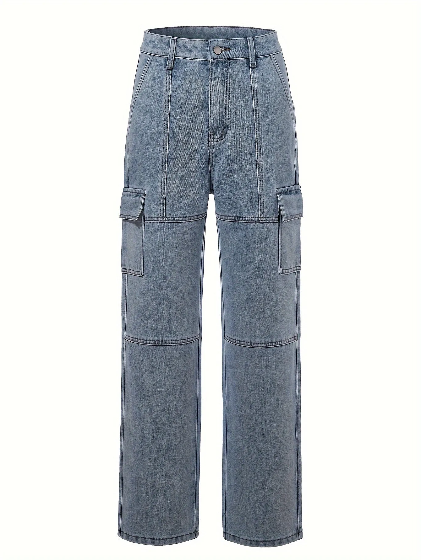 Chic Denim Cargo Pants Patchwork Wide Leg HighWaist Multipocket