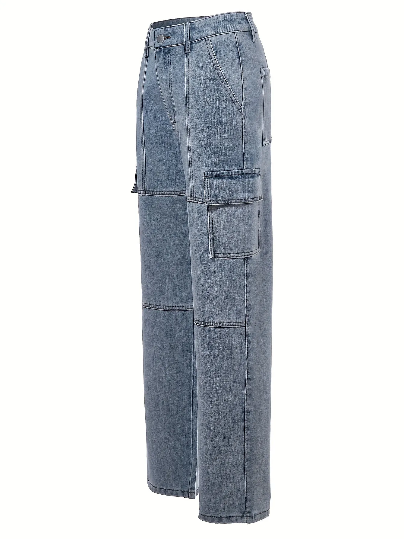 Chic Denim Cargo Pants Patchwork Wide Leg HighWaist Multipocket