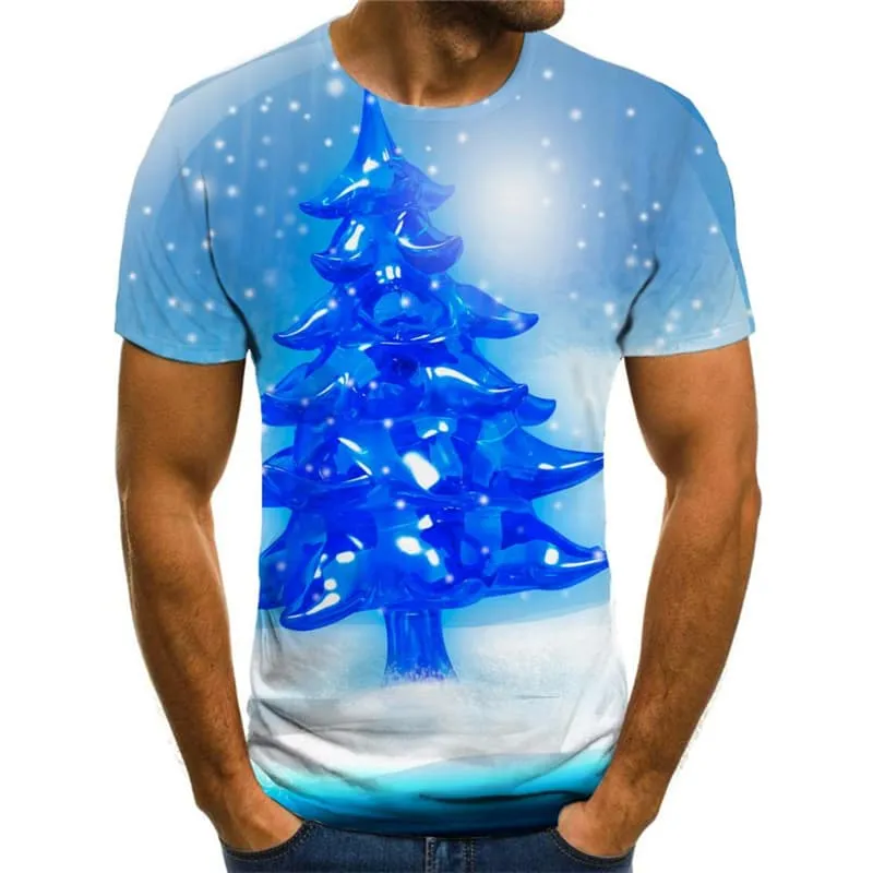 Christmas T-shirt Men Christmas Tree T-shirts 3d Blue Tshirt Anime New Year T shirts Funny