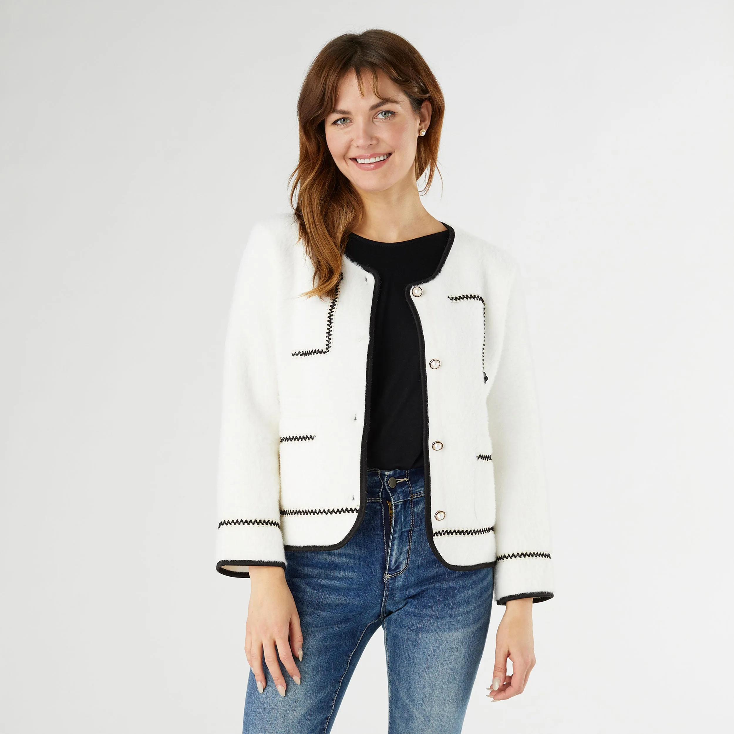 Clarice Cardigan with Trim Detail - Winter White