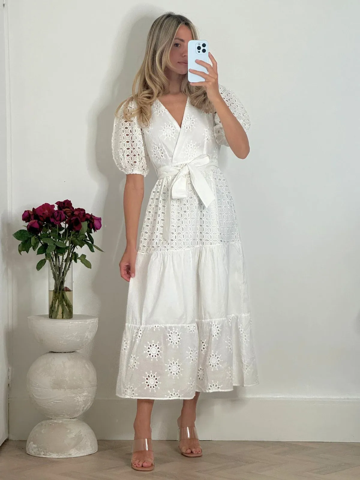 Claudia Puff Sleeve Broderie Midaxi Dress in White