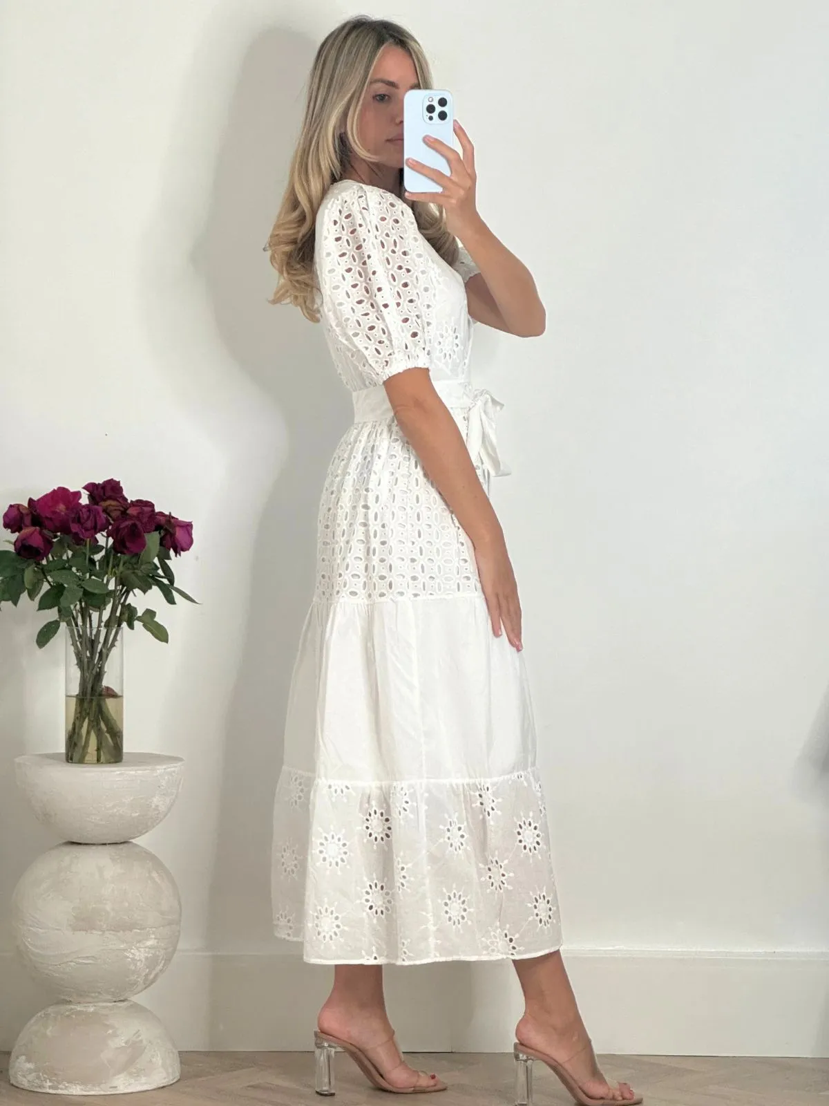 Claudia Puff Sleeve Broderie Midaxi Dress in White