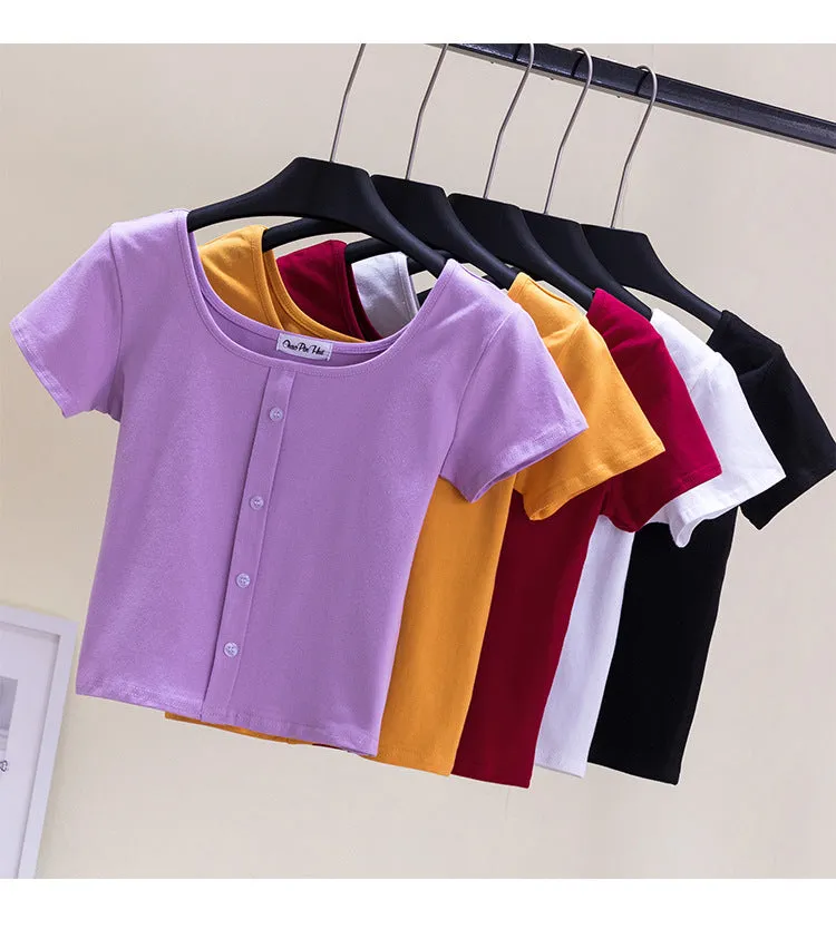 Collarbone Square Neck High Waist Navel T-Shirt Top