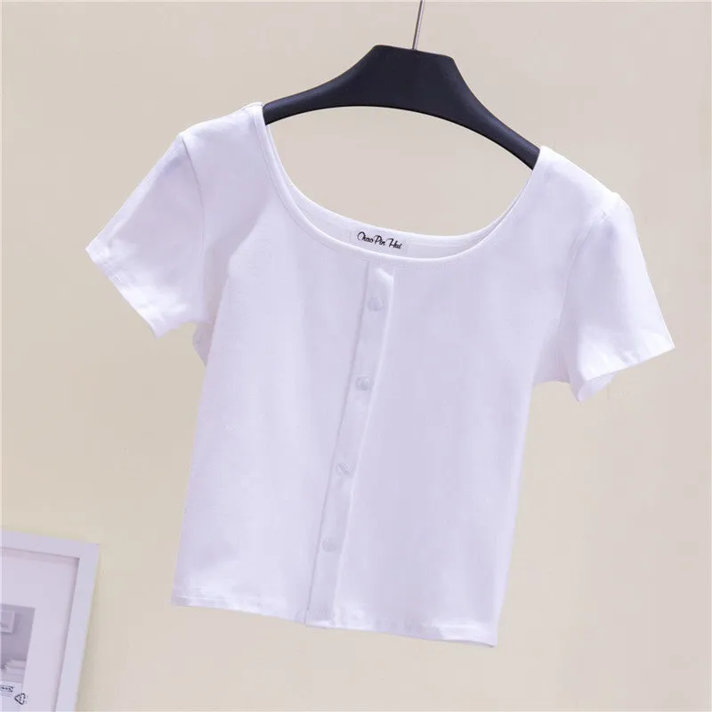 Collarbone Square Neck High Waist Navel T-Shirt Top