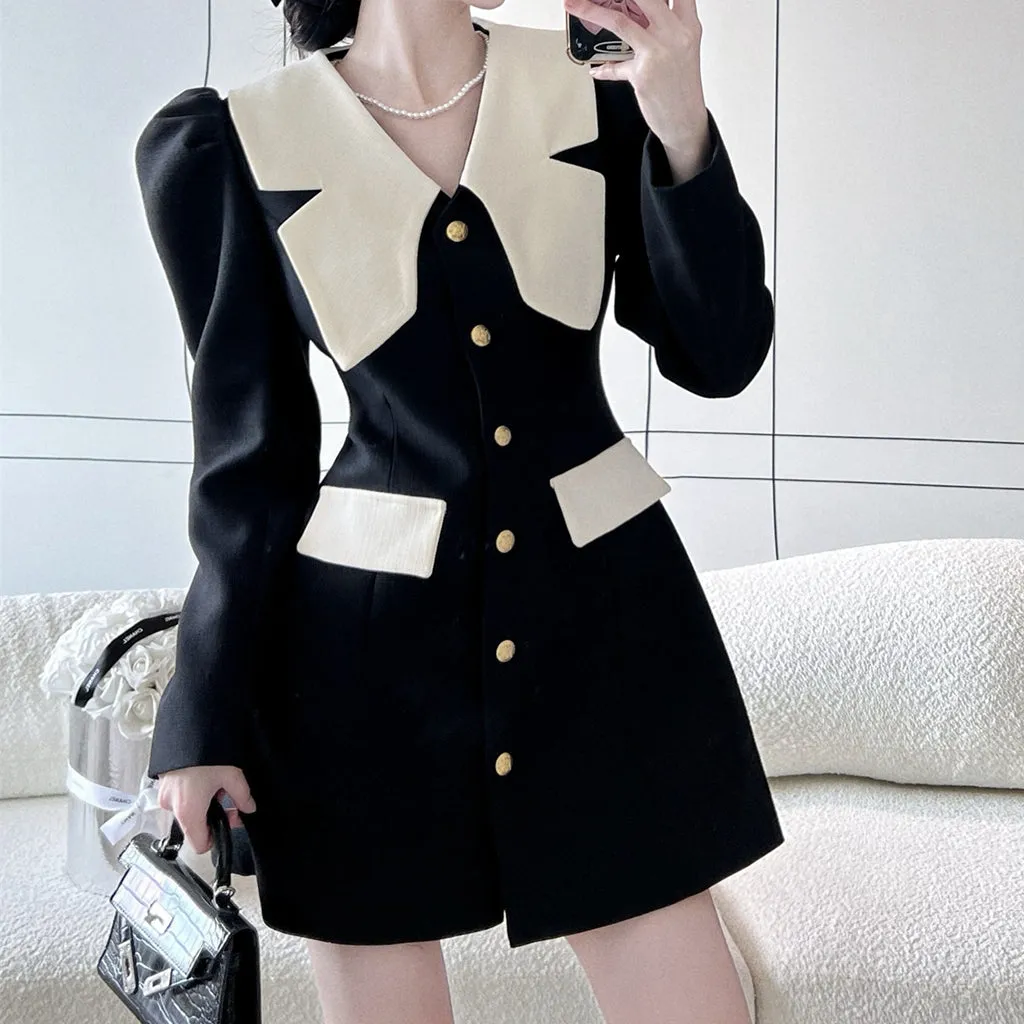 Color Block Long Sleeve Breasted Suit Dress