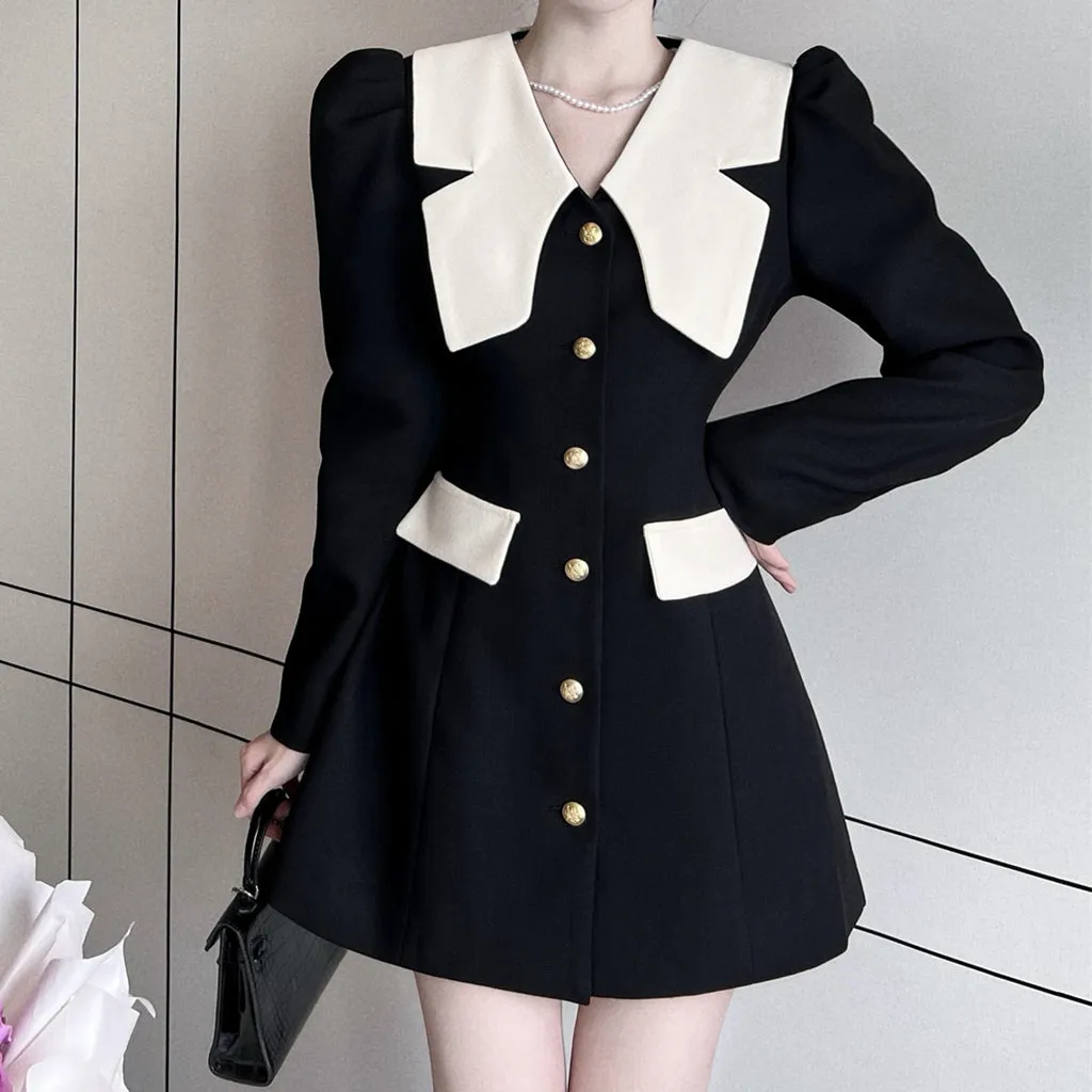 Color Block Long Sleeve Breasted Suit Dress