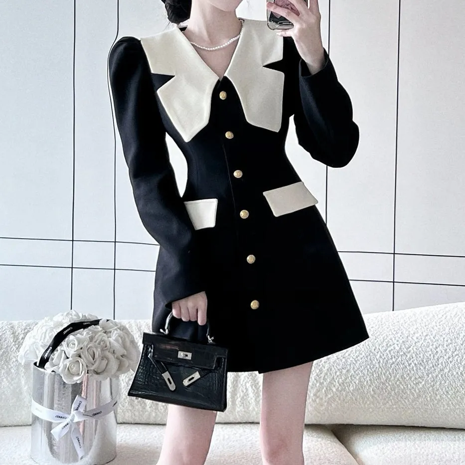 Color Block Long Sleeve Breasted Suit Dress