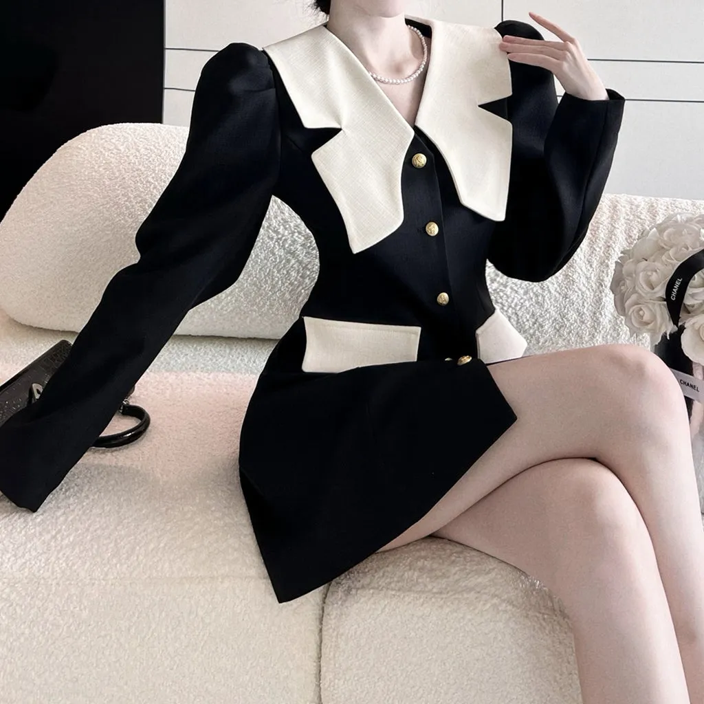 Color Block Long Sleeve Breasted Suit Dress