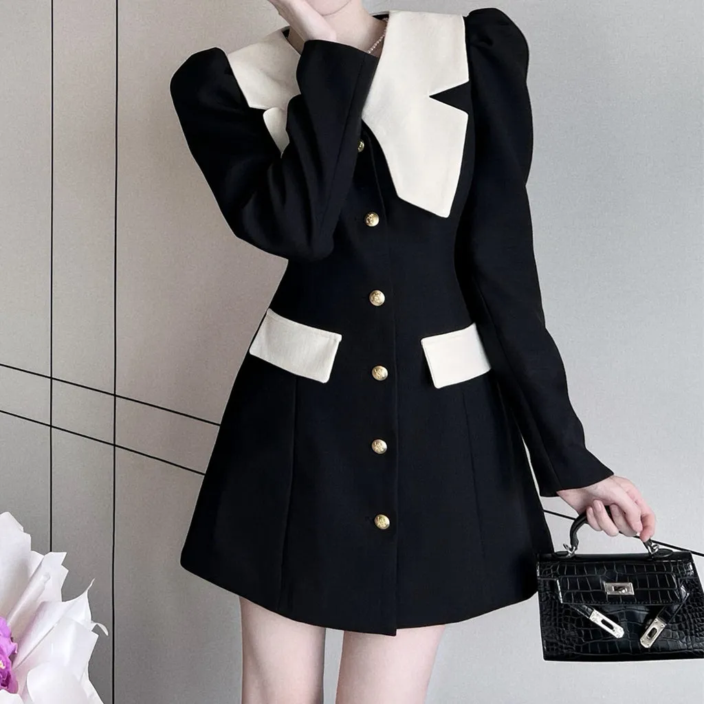 Color Block Long Sleeve Breasted Suit Dress