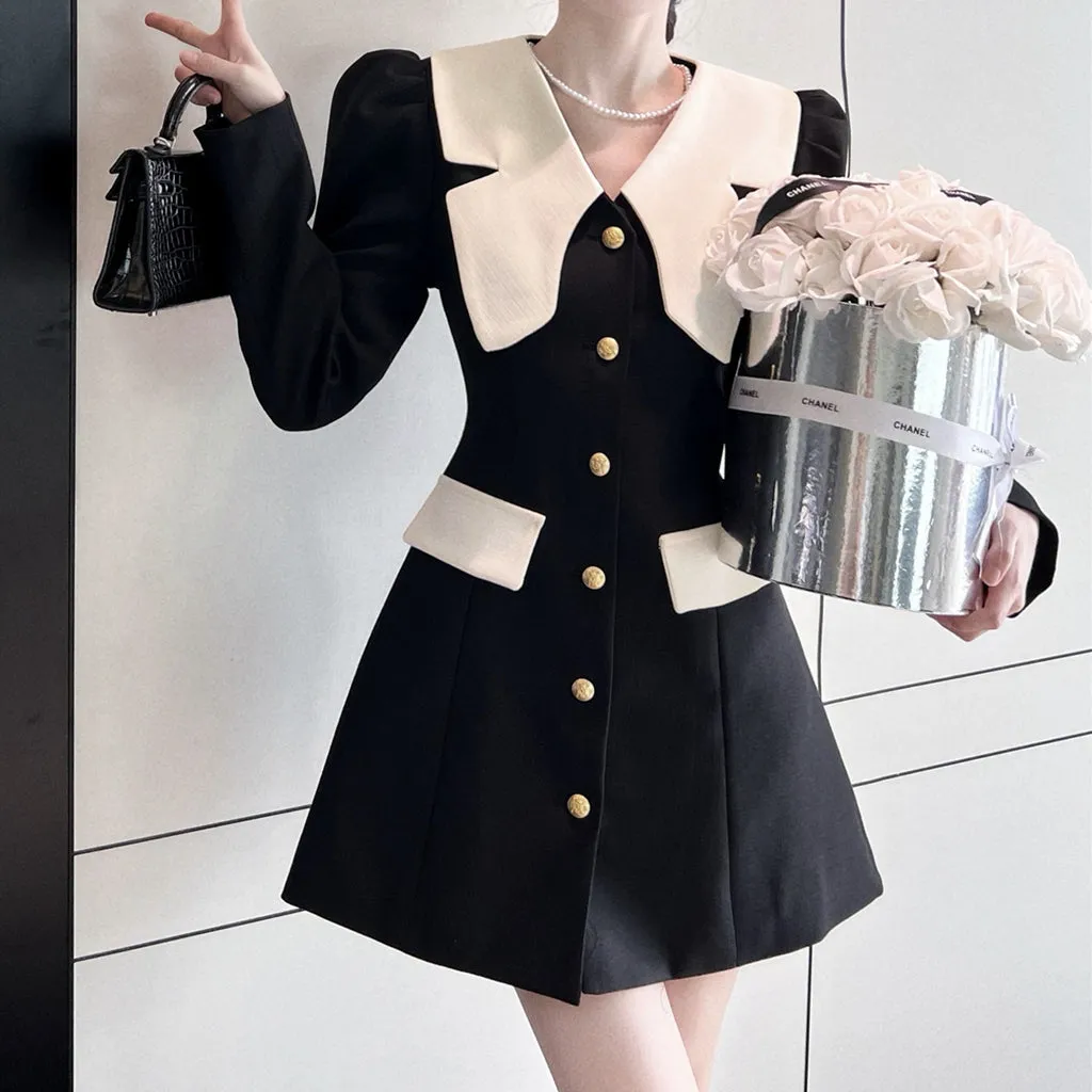 Color Block Long Sleeve Breasted Suit Dress