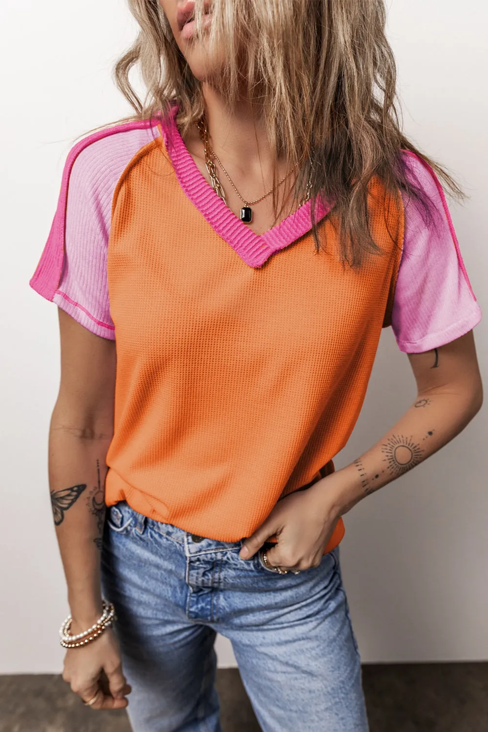 Color Block V-Neck Short Sleeve T-Shirt