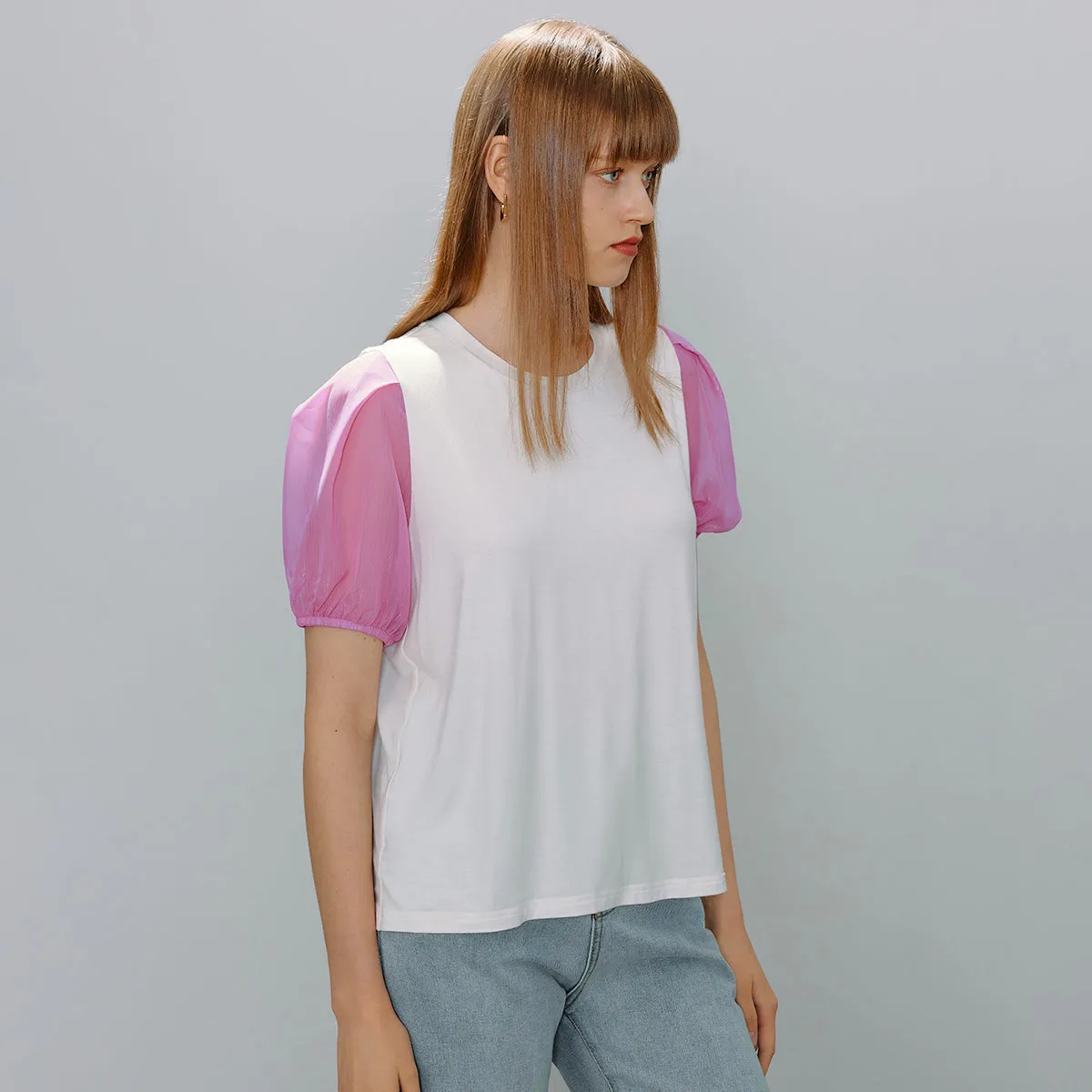 Colorblock Sheer Puff Sleeve Tee