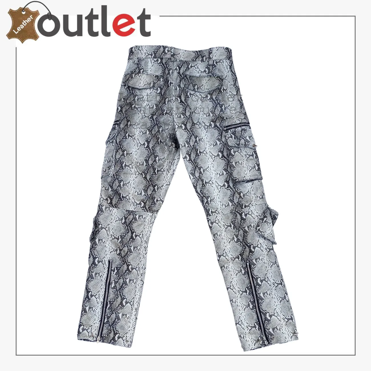 Crazy Black and white Real Cowhide snake print leather cargo spiked pants