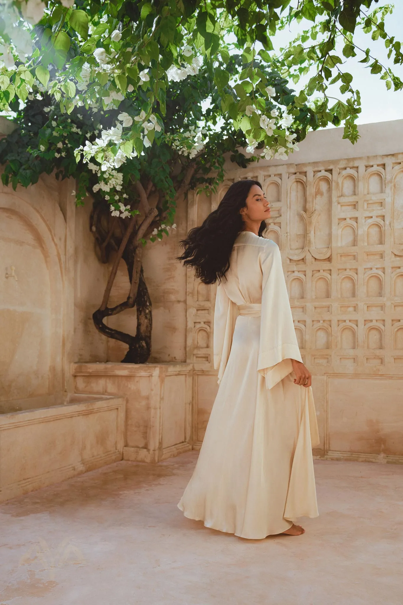 Cream Venus Peace Silk Blouse • Elegant Goddess Sleeves Crop Top • Kimono Blouse