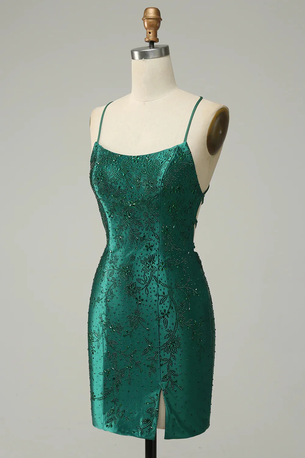 Dark Green Beaded Bodycon Homecoming Dress With Criss Cross Back