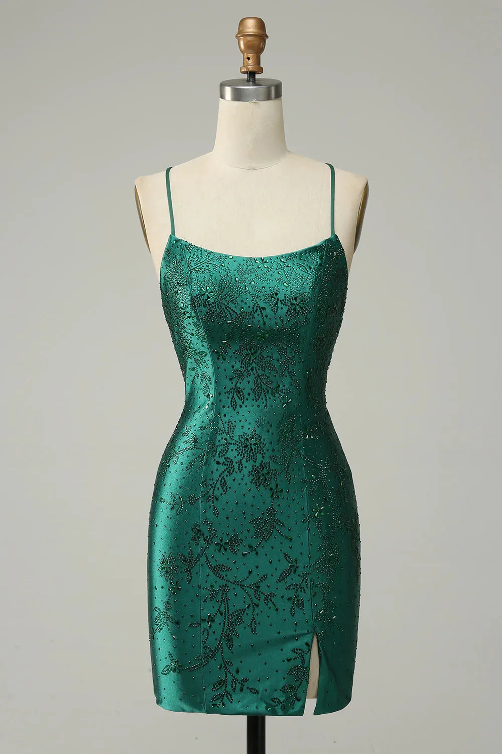 Dark Green Beaded Bodycon Homecoming Dress With Criss Cross Back