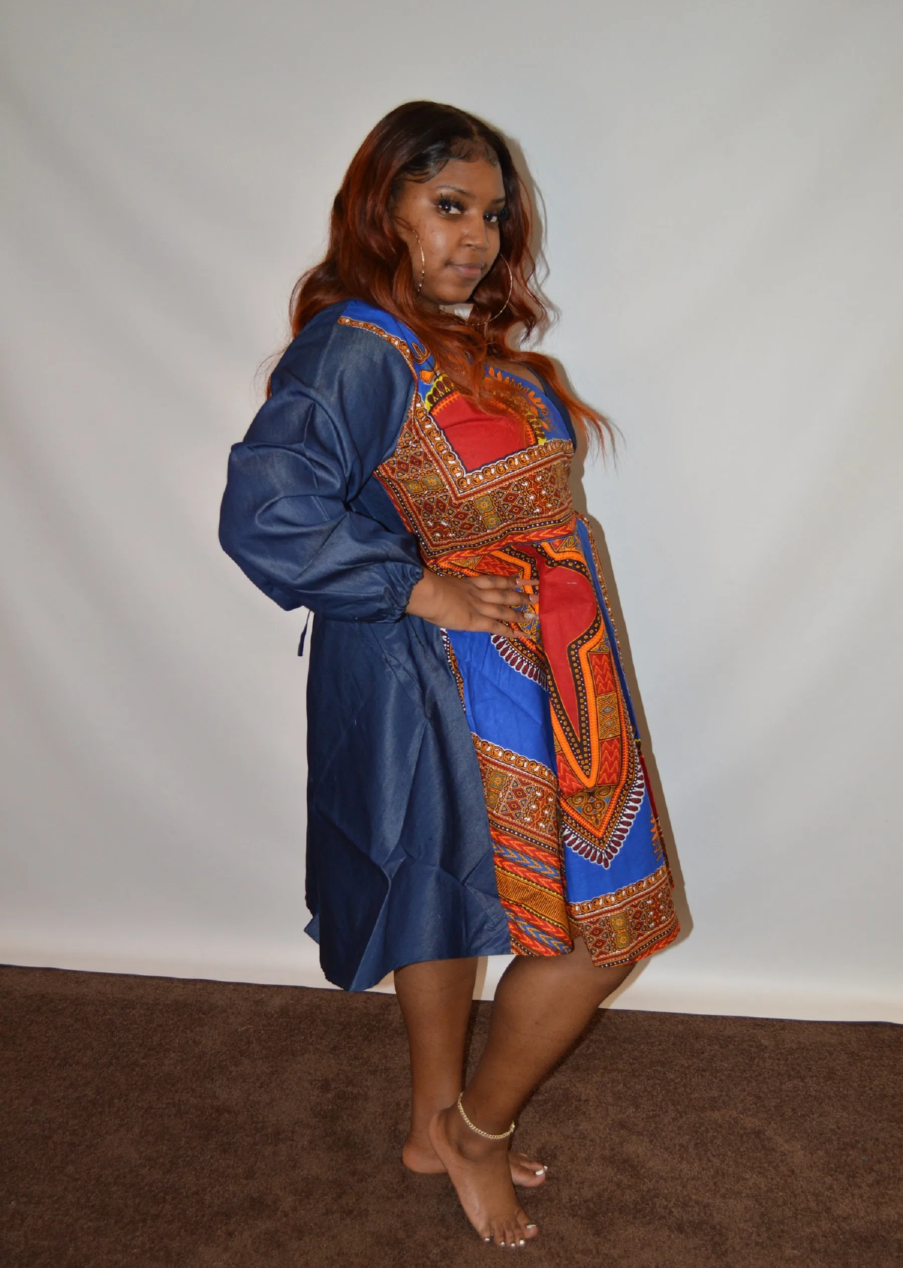 Dashiki Print Wrap Denim Dress