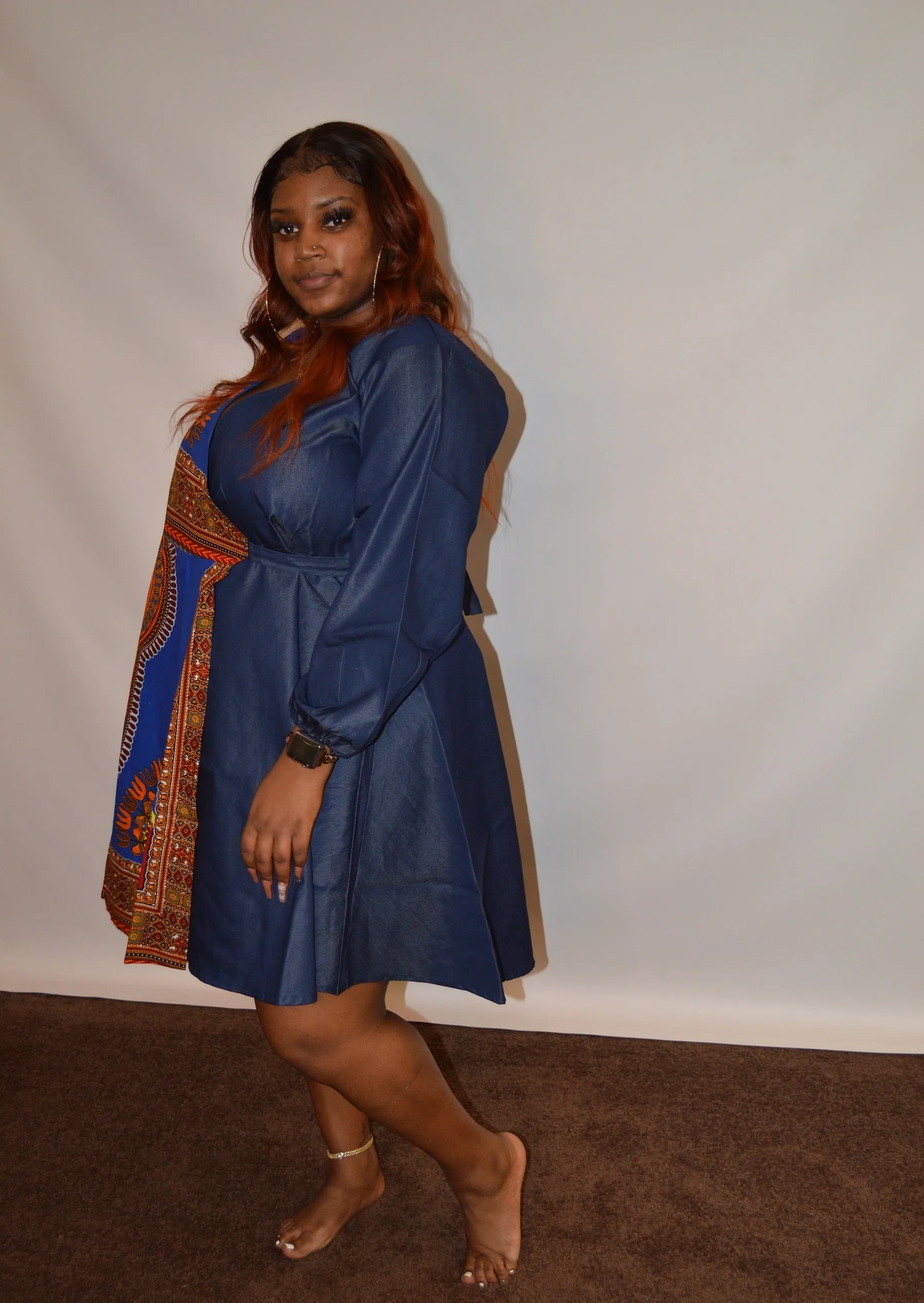 Dashiki Print Wrap Denim Dress