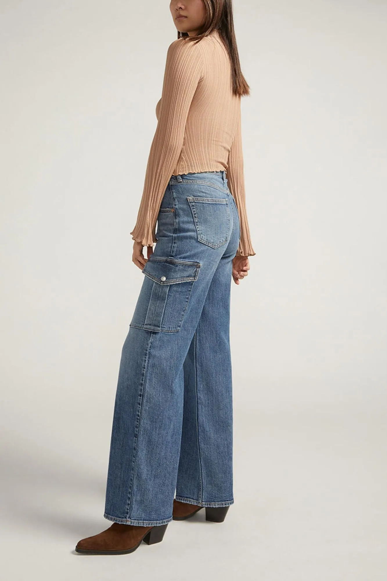 Denim High Rise Cargo Pants