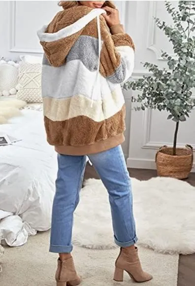 Dunnmall Super Soft Plus Size Fashion Plush Patchwork Zipper Coat