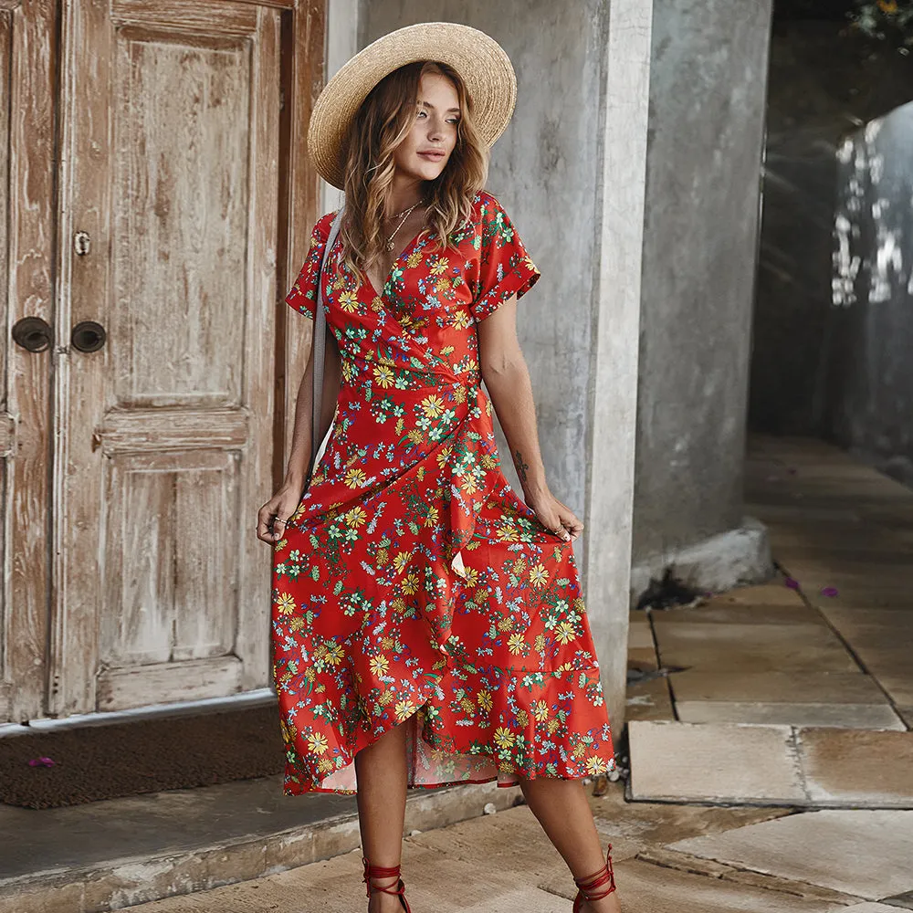 Elegant Floral Midi Wrap Dress