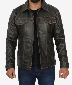 Fernando Distressed Dark Brown Leather Trucker Jacket Mens