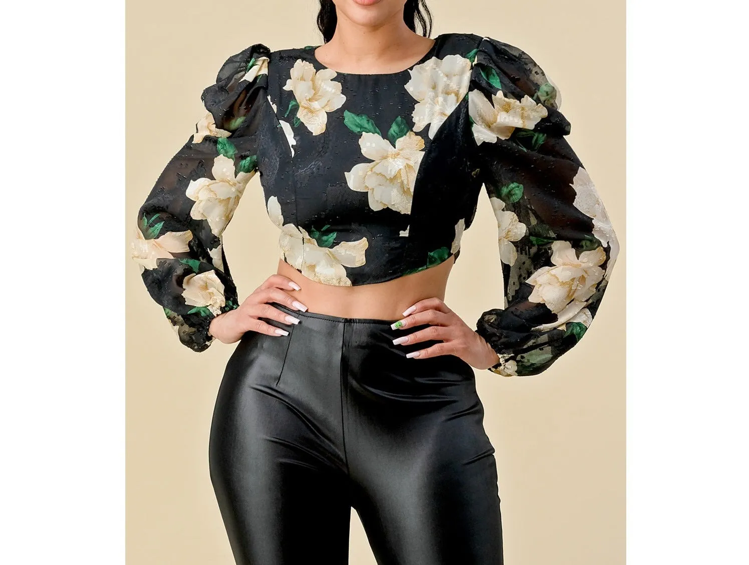 Flower Print Open Back Long Sleeve Top