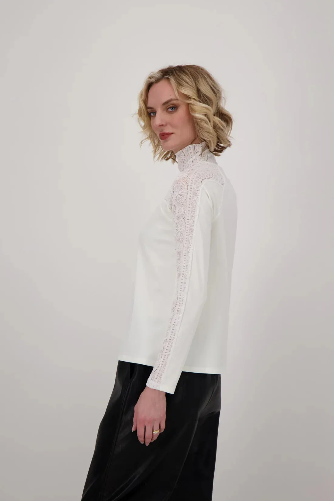 Gabby Isabella Mockneck Lace Sleeve Top White