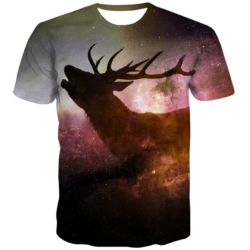 Galaxy T-shirt Men Deer T shirts Funny Animal Tshirts Novelty Nebula T-shirts 3d