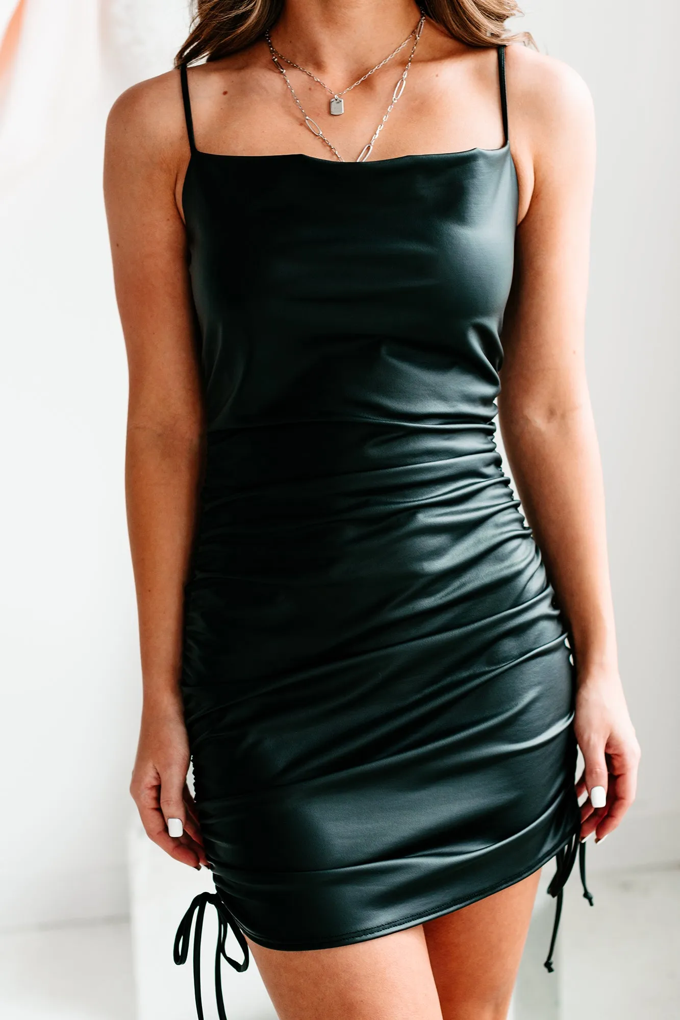 Give Me Plans Ruched Faux Leather Bodycon (Black)