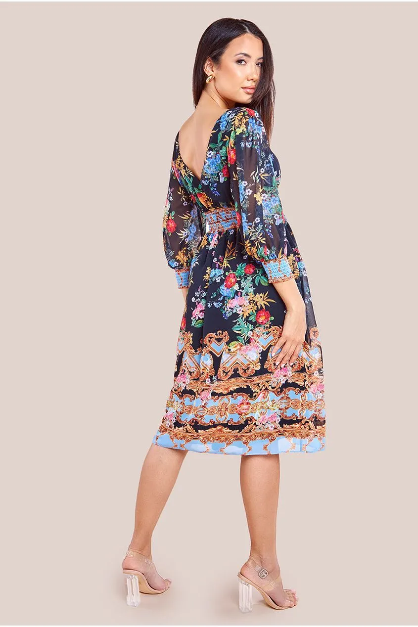 Goddiva Chiffon Wrap Border Floral Print Midi Dress - Black