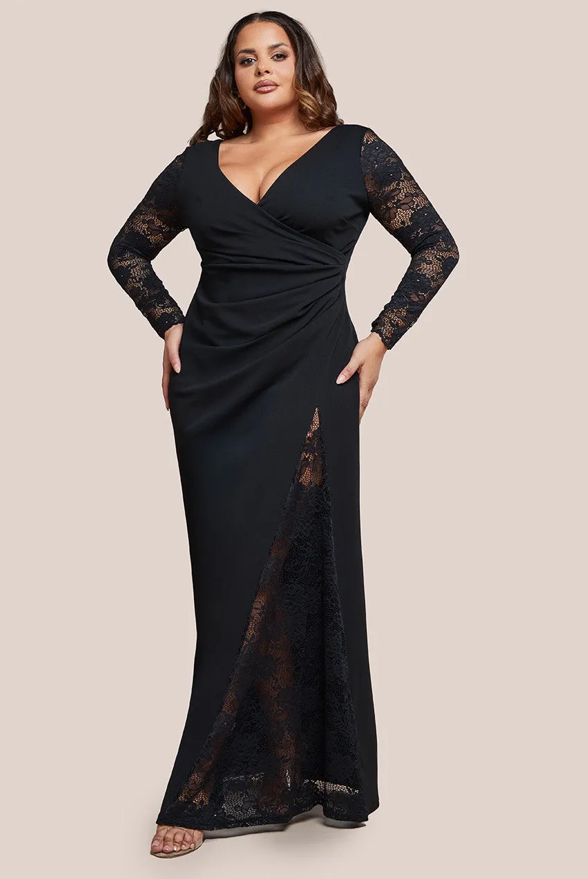 Goddiva Plus Scuba & Lace Wrap Maxi Dress