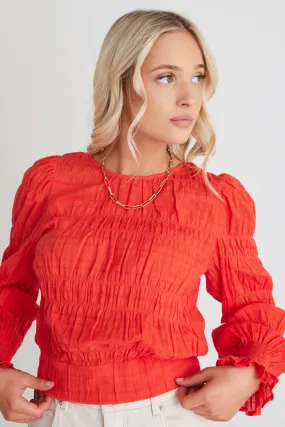 Grace Blood Orange Shirred Cotton Tie Back Ls Top