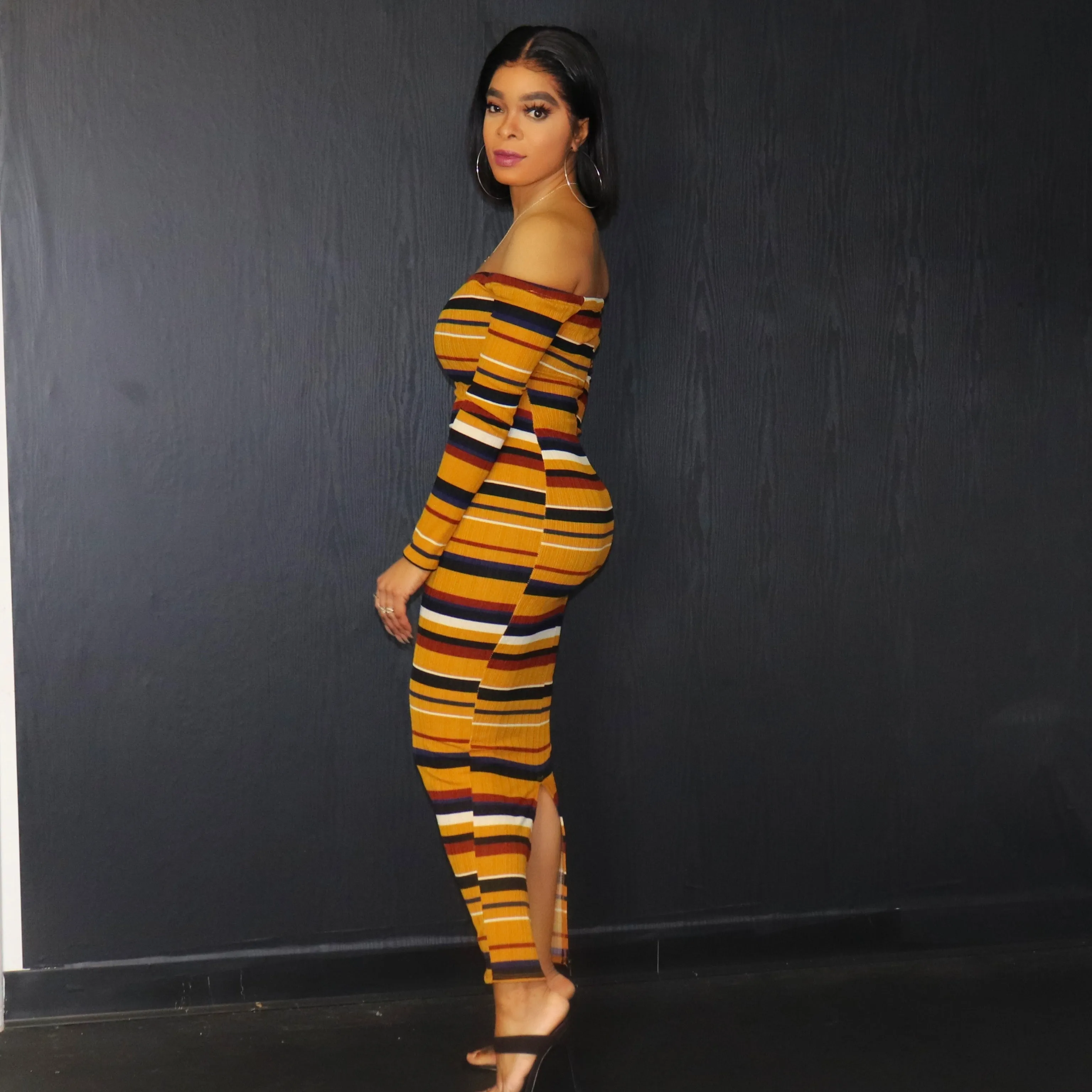 Havana Stripe Bodycon Off Shoulder Dress