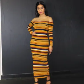 Havana Stripe Bodycon Off Shoulder Dress