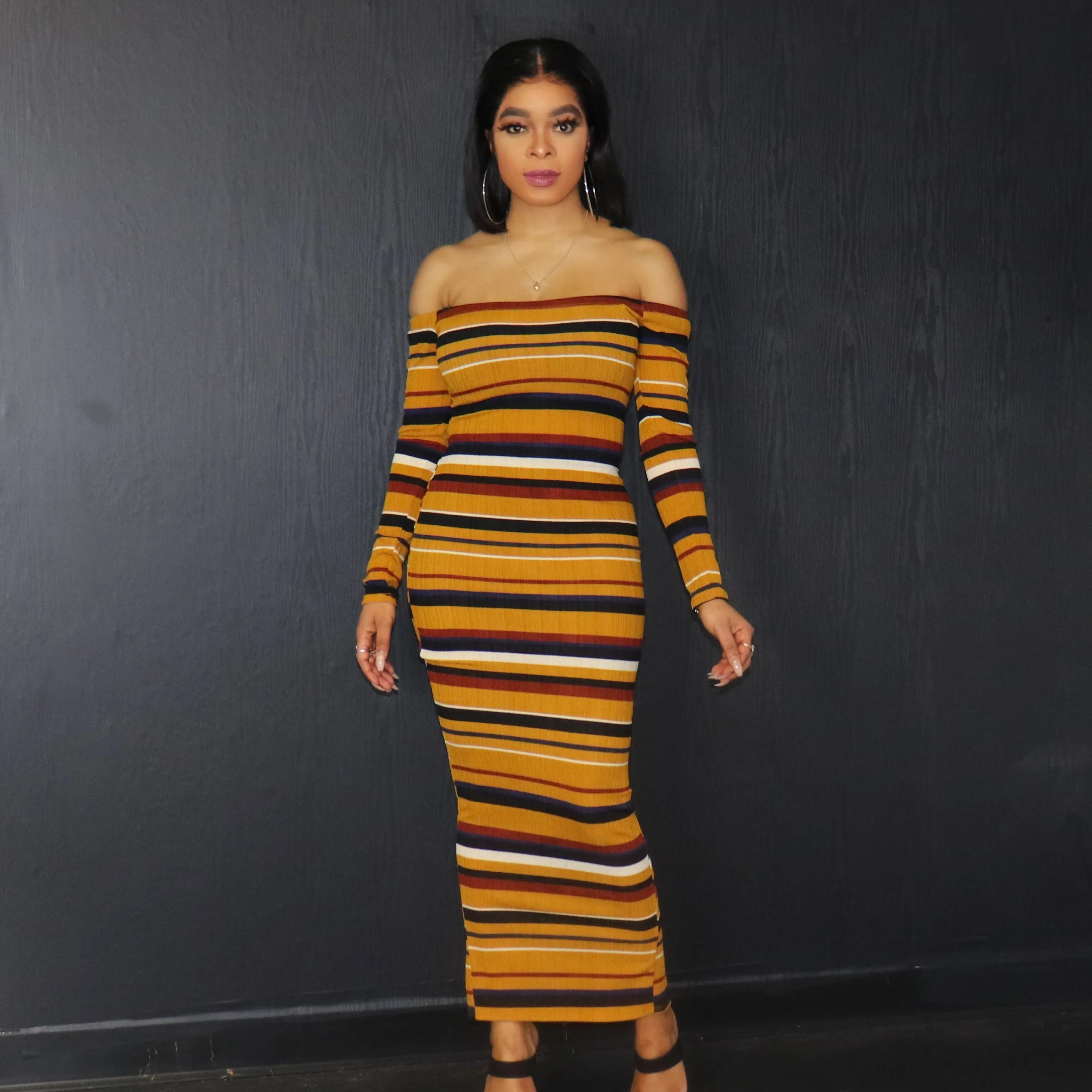 Havana Stripe Bodycon Off Shoulder Dress