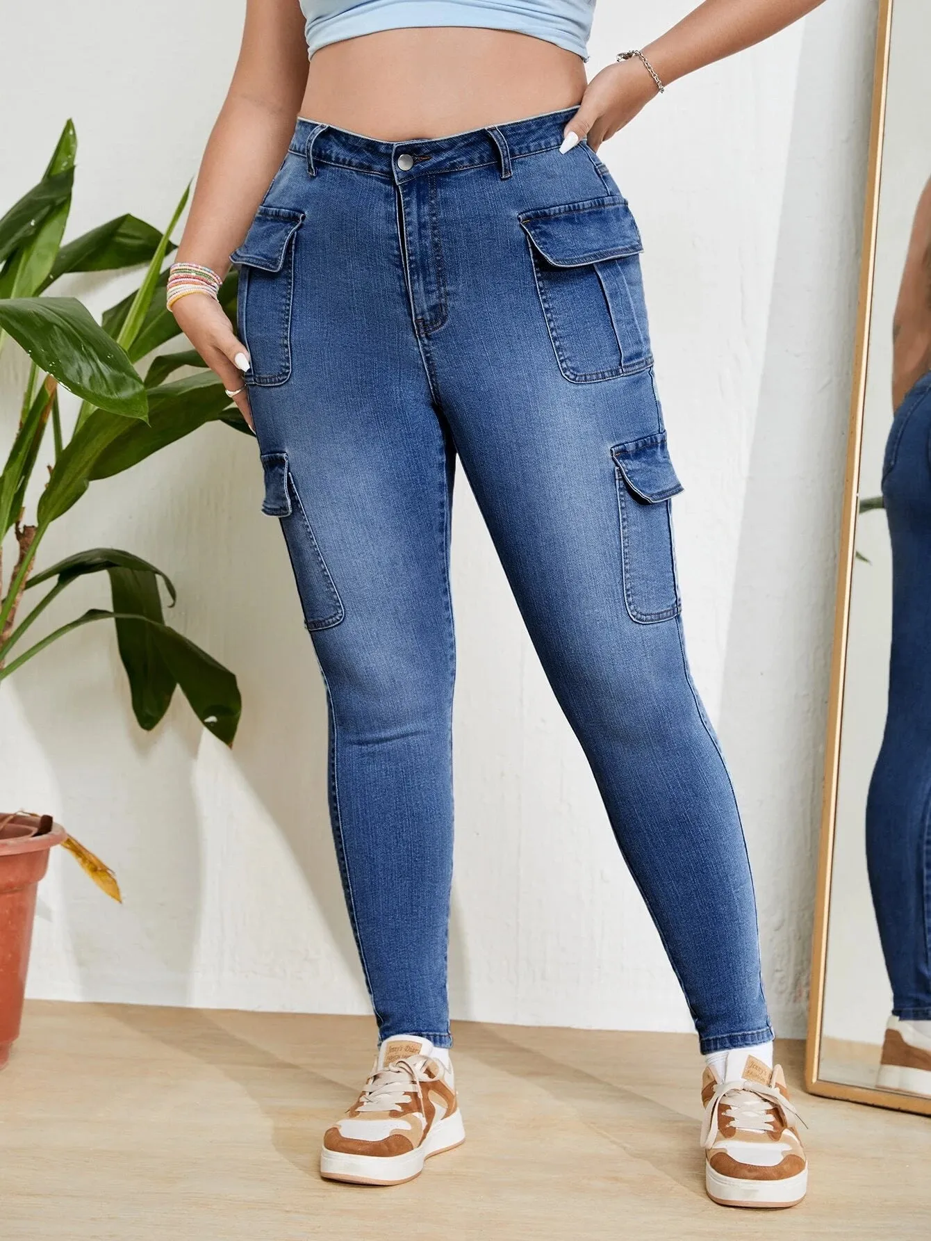 High Rise Jeans With Flap Pockets